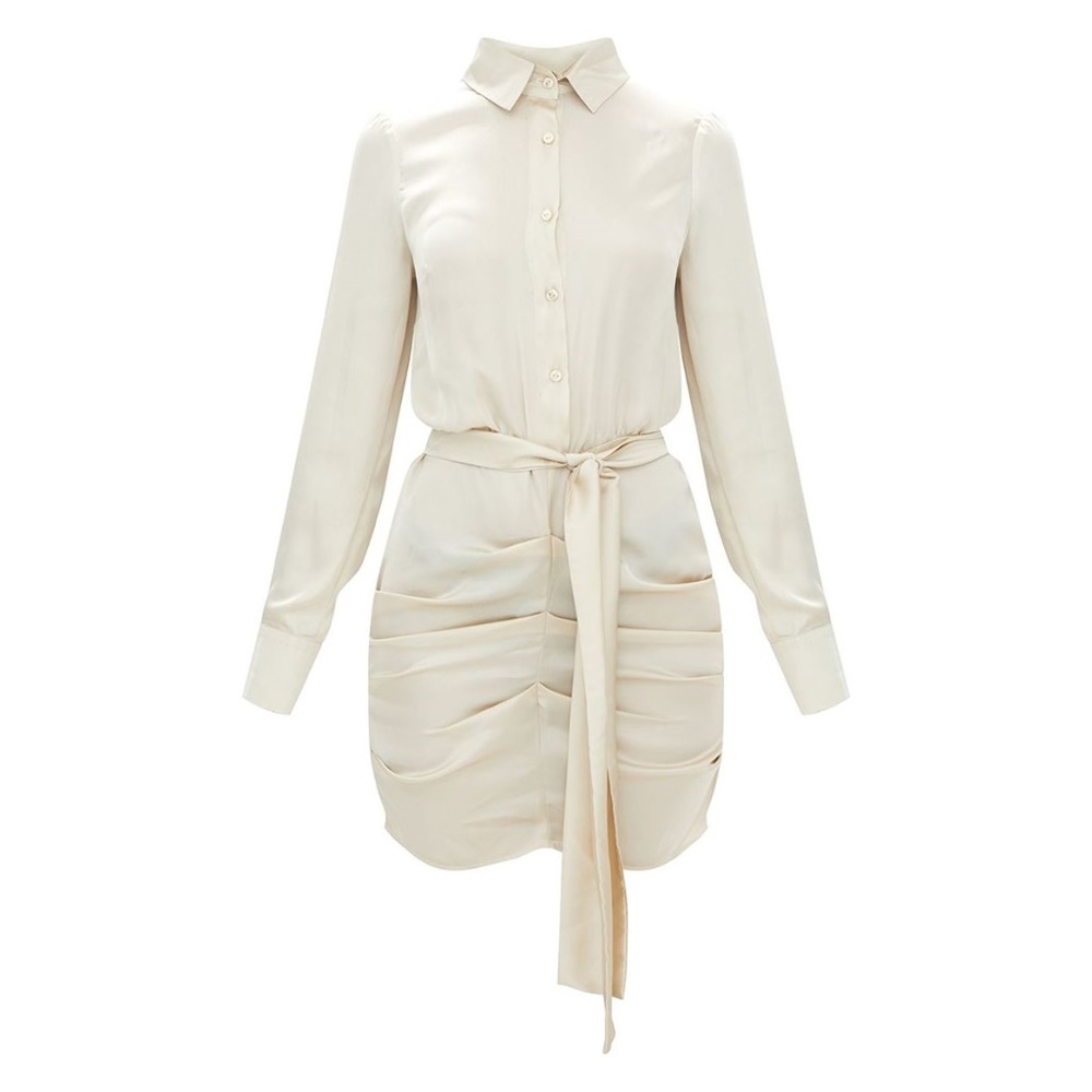 New PLT Champagne Satin Ruched Shirt Dress NWT B6 - Picture 8 of 8